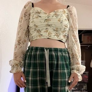 White and Floral Puff Sleeve Crop Top Size S